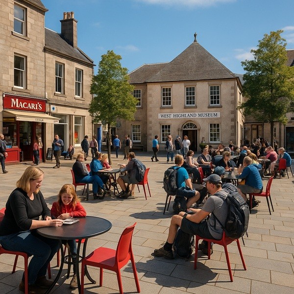 Cameron Square à Fort William town centre avec le West Highland Museum, cafés en plein air, familles et randonneurs profitant d’une ambiance conviviale en Écosse.