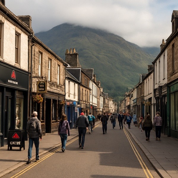Fort William town centre High Street en Écosse avec boutiques outdoor, pubs traditionnels et montagnes des Highlands en arrière-plan