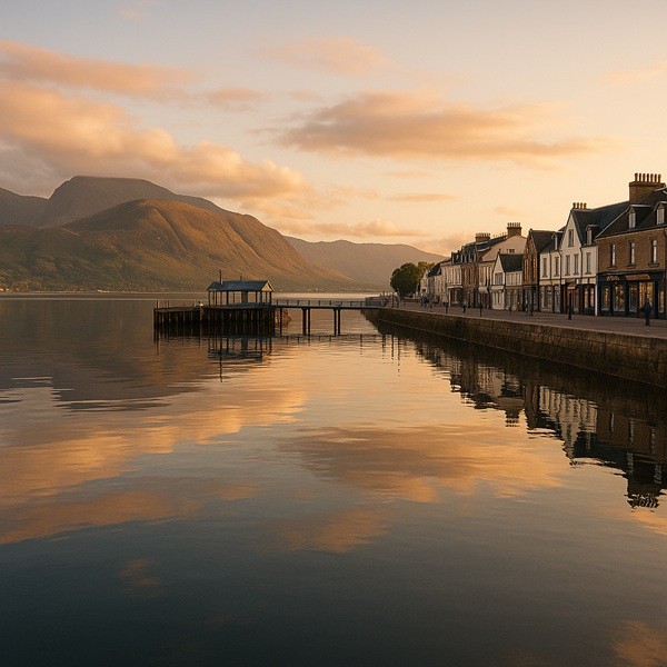 Fort William Town Centre waterfront et Town Pier au coucher du soleil, vue sur Loch Linnhe et montagnes des Highlands, Écosse.