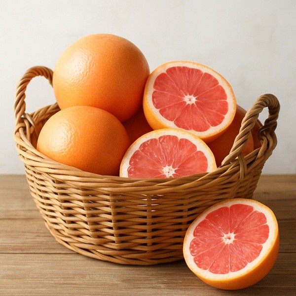 Panier en osier rempli de pamplemousses roses frais, entiers et coupés, mettant en valeur la chair juteuse du pink grapefruit.