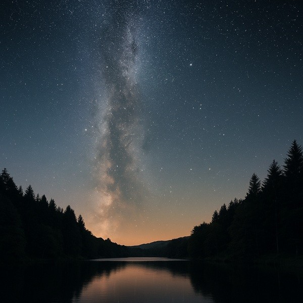 Ciel étoilé au-dessus du Galloway Forest Park en Écosse avec la voie lactée reflétée sur un loch paisible