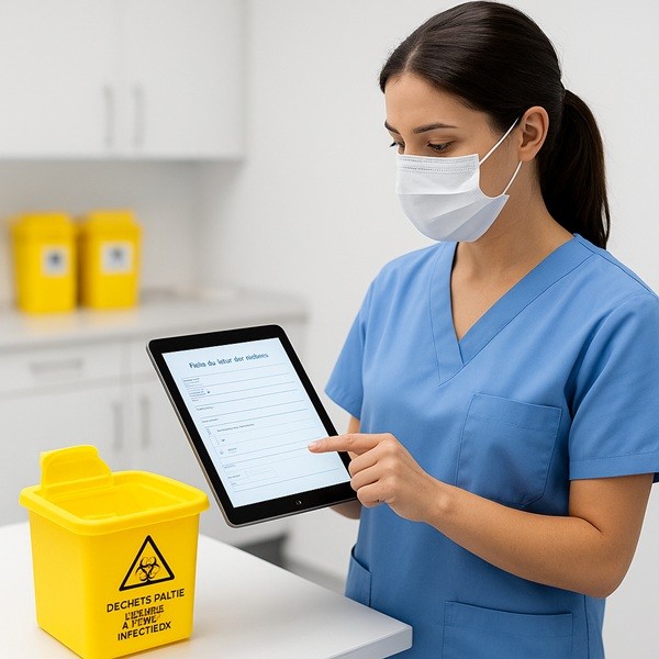 Infirmière gérant les DASRI avec un conteneur jaune et une tablette de traçabilité numérique des déchets médicaux.