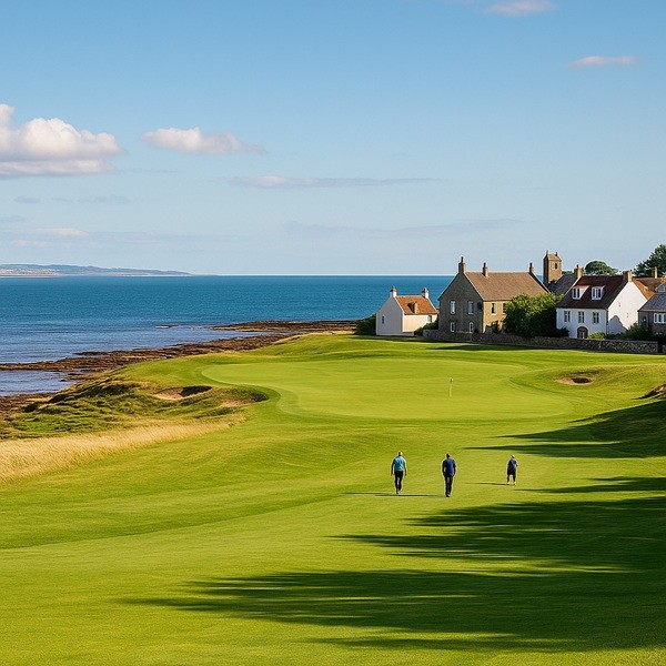 Terrain de golf historique à Earlsferry dans le Fife, fairway verdoyant avec vue sur la mer et joueurs en action dans une ambiance écossaise traditionnelle.