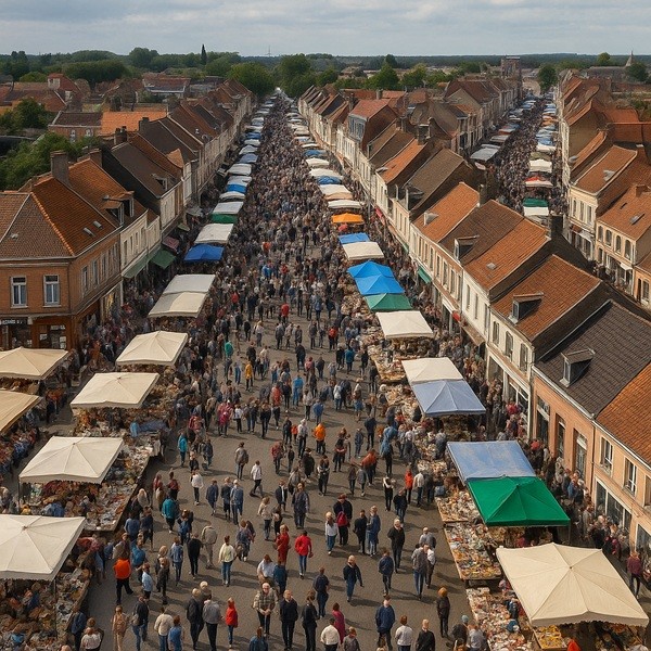 Vue aérienne d’un sabradou dans le Nord, grande braderie avec stands alignés et foule de visiteurs en fête.
