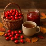 Gratte-cul : cynorrhodons frais dans un panier, accompagnés d’un pot de confiture maison et d’une tisane réconfortante, symboles de ses bienfaits et recettes traditionnelles..