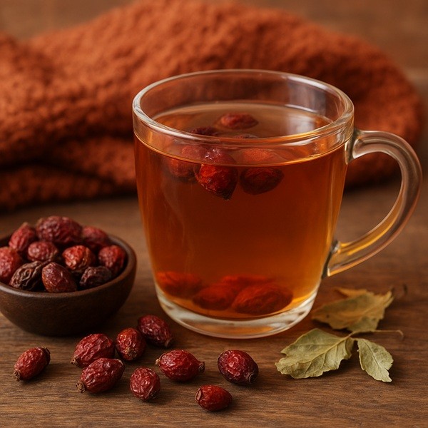 Infusion de gratte-cul : une tisane réconfortante de cynorrhodons séchés, riche en vitamine C et antioxydants, idéale pour profiter des bienfaits naturels en automne.