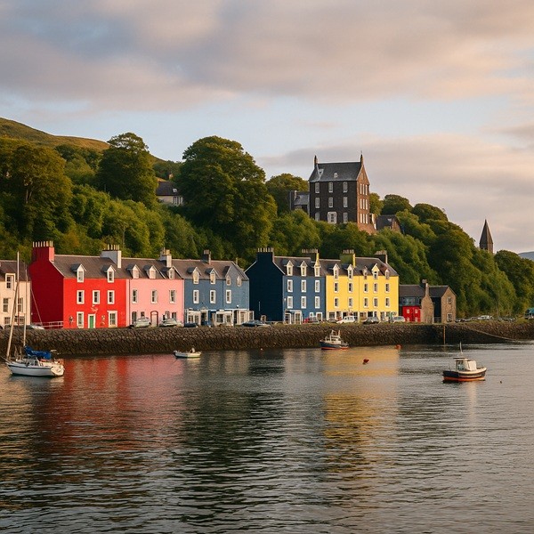 Port de Tobermory sur l’île de Mull en Écosse avec ses maisons colorées au bord de l’eau et les collines verdoyantes en arrière-plan.