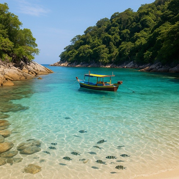 Îles Perhentian en Malaisie avec crique secrète, eau transparente turquoise, poissons tropicaux visibles et bateau de pêche traditionnel coloré, cadre idéal pour snorkeling et plage paradisiaque.