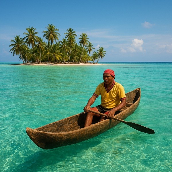 Pirogue traditionnelle des habitants Guna naviguant sur les eaux cristallines des îles San Blas au Panama