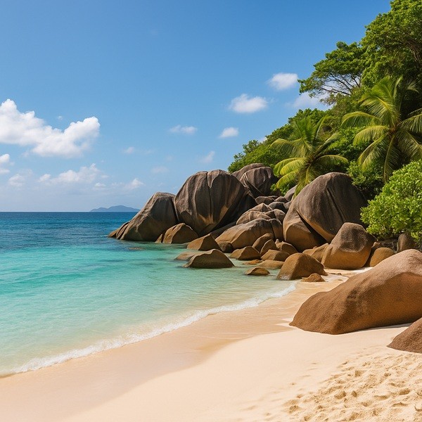 Panorama des Seychelles avec rochers de granit, plage de sable blanc et eau turquoise, une destination tropicale signée Tropicalement Vôtre.