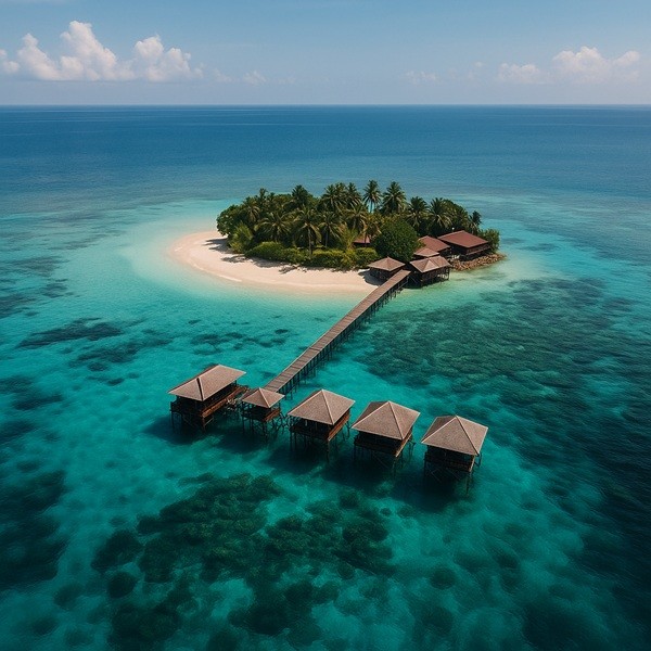 Île isolée au large de Sabah en Malaisie avec bungalows sur pilotis, ponton en bois, plage de sable blanc et mer turquoise transparente idéale pour plongée et snorkeling à Sipadan et Mabul.