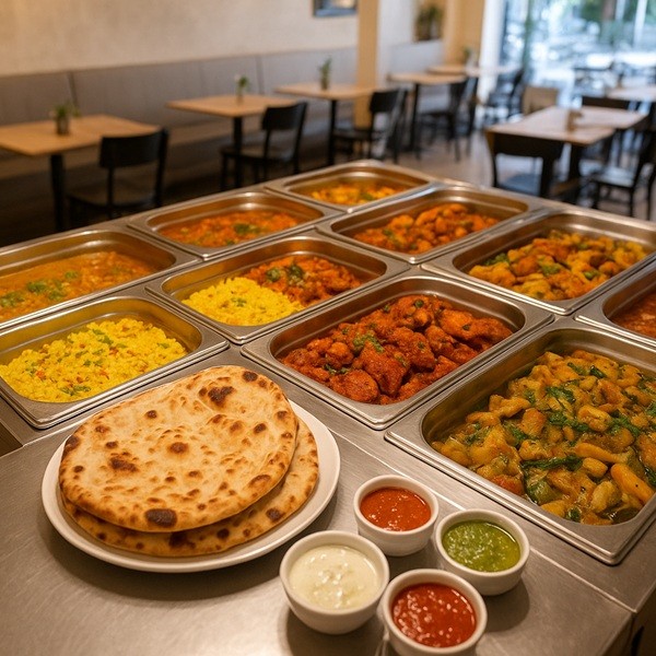 Buffet indo-pakistanais du restaurant Kashmir Village à Marseille avec curry, biryani, poulet tandoori et naans dans une ambiance conviviale.