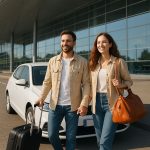 Comparateur de voyages Alibabuy : guide complet et avis Couple souriant avec bagages sortant d’un aéroport devant une voiture de location réservée via un comparateur de voyages.