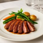 Assiette de magret de canard bien cuit accompagné de légumes de saison, plat raffiné adapté aux femmes enceintes pendant la grossesse.