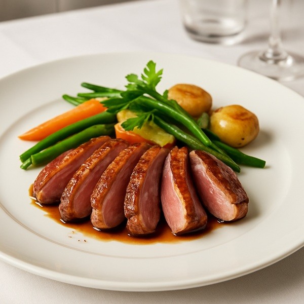 Assiette de magret de canard bien cuit accompagné de légumes de saison, plat raffiné adapté aux femmes enceintes pendant la grossesse.