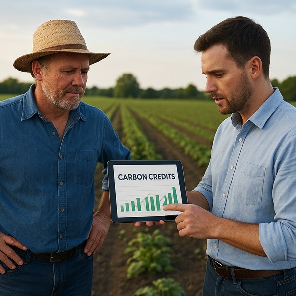 Agriculteur et consultant analysant des crédits carbone sur tablette dans un champ cultivé, symbolisant l’innovation agricole et le marché du carbone.