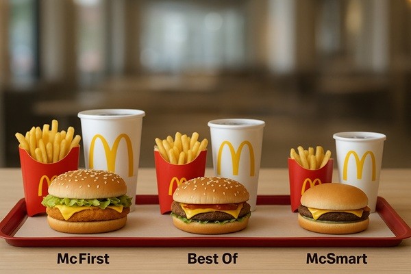Comparatif des menus McDonald’s avec McFirst, Best Of et McSmart alignés sur un plateau avec burger, frites et boisson.