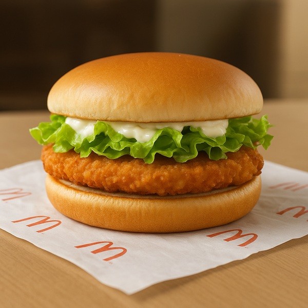 Burger McFirst au poulet avec salade et sauce crémeuse présenté sur emballage McDonald’s.