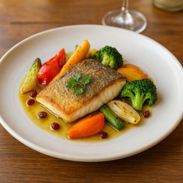 Assiette gastronomique du Restaurant du Blavet à Hennebont avec poisson grillé, légumes de saison colorés et présentation raffinée.