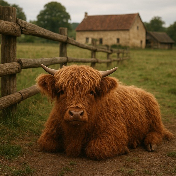 Mini vache fluffy brune couchée près d’une clôture en bois rustique, devant une ferme traditionnelle, scène rurale authentique et champêtre.