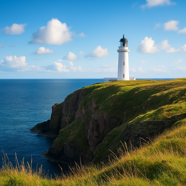 Phare du Mull of Galloway en Écosse perché sur des falaises face à la mer bleue et aux paysages sauvages