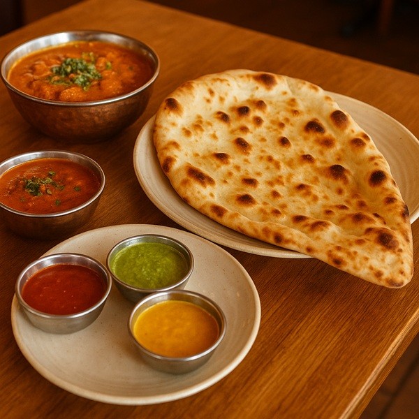 Naan indien traditionnel cuit au tandoor avec curry et sauces épicées servi au restaurant Kashmir Village Marseille.