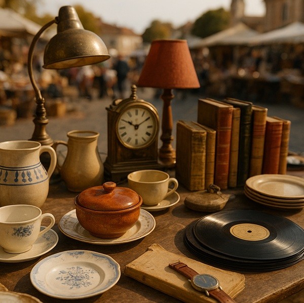 Objets anciens exposés sur une table de brocante Brocabrac avec vaisselle rétro, vinyles, montres et livres d’occasion.