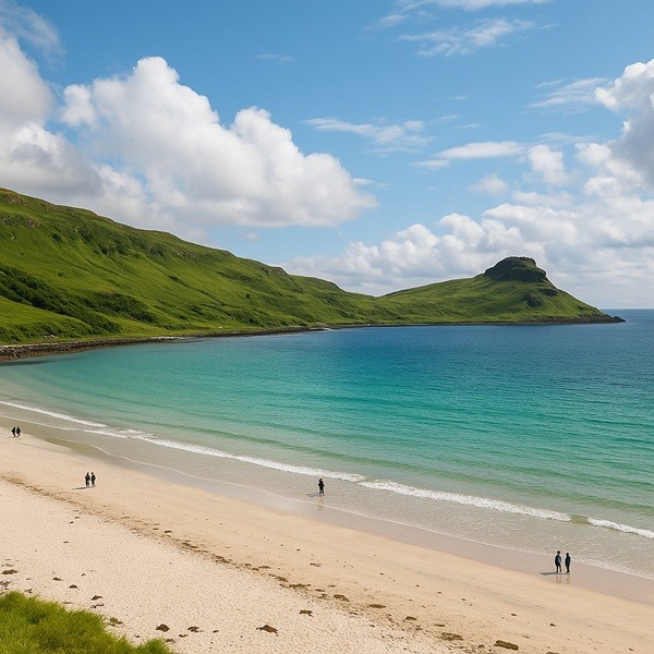 Plage de Calgary Bay sur l’île de Mull en Écosse avec sable blanc, mer turquoise et collines verdoyantes en arrière-plan.