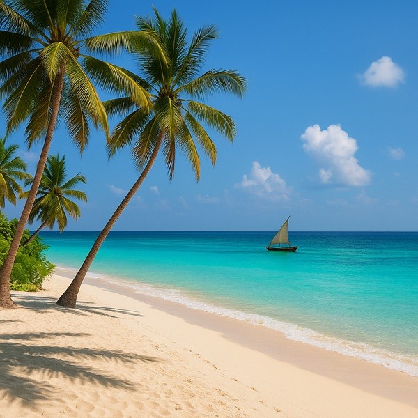 Plage paradisiaque de Zanzibar avec palmiers, sable blanc et dhow traditionnel, une invitation au voyage exotique avec Tropicalement Vôtre.