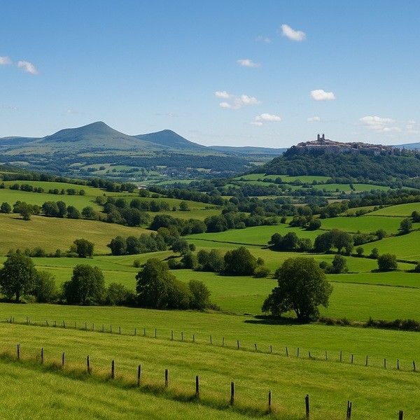 Paysage verdoyant de la Planèze de Saint-Flour en Auvergne avec prairies, collines volcaniques et vue sur la cité médiévale au loin.