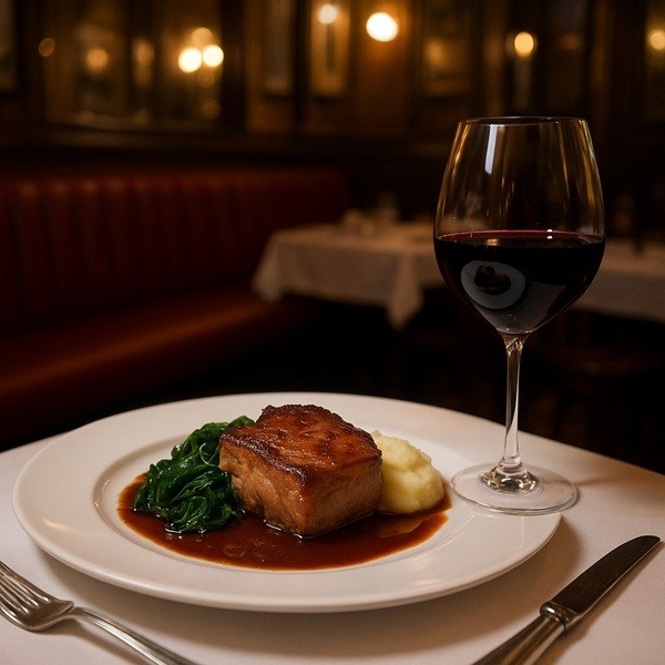 Plat gastronomique français servi à Paris avec verre de vin rouge et présentation raffinée