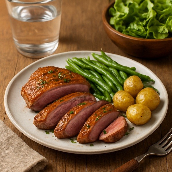 Magret de canard cuit à point avec pommes de terre et haricots verts, repas maison équilibré conseillé pour les femmes enceintes.