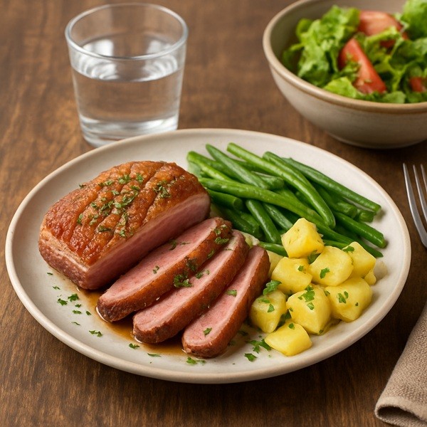 Magret de canard bien cuit servi avec haricots verts, pommes de terre et salade, repas équilibré recommandé pendant la grossesse.