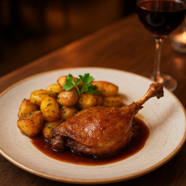 Confit de canard traditionnel servi au Restaurant Le Moulin de la Galette avec pommes dorées et verre de vin rouge à Paris.
