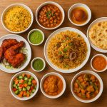 Assortiment de plats indiens et pakistanais au Kashmir Village Marseille avec biryani, poulet tandoori, curry et desserts colorés en buffet.