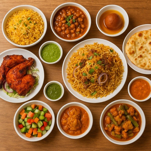 Assortiment de plats indiens et pakistanais au Kashmir Village Marseille avec biryani, poulet tandoori, curry et desserts colorés en buffet.