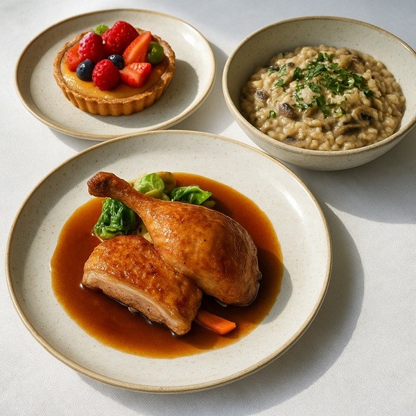Plats signature de La Table de Meudon : volaille fermière rôtie au jus, risotto crémeux aux champignons et tarte aux fruits de saison, cuisine bistronomique gourmande et raffinée à Meudon.