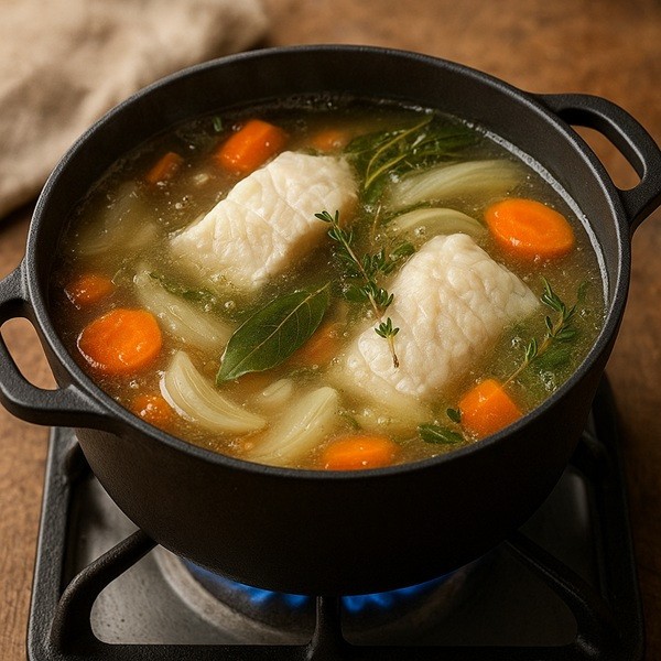 Cocotte en fonte avec roussette pochée dans un court-bouillon maison aux carottes, oignons et herbes aromatiques.