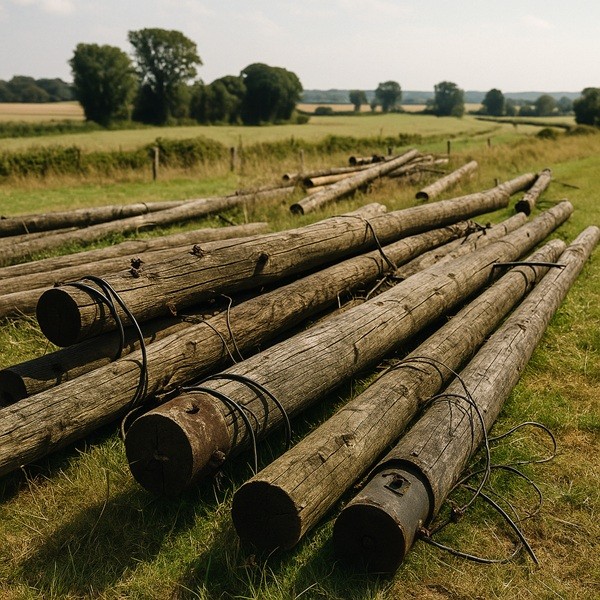 Poteaux téléphoniques en bois abandonnés dans une prairie de campagne avec câbles usés et herbe haute.