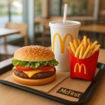 Menu McFirst McDonald’s avec burger, frites et boisson présenté sur un plateau en restaurant lumineux.