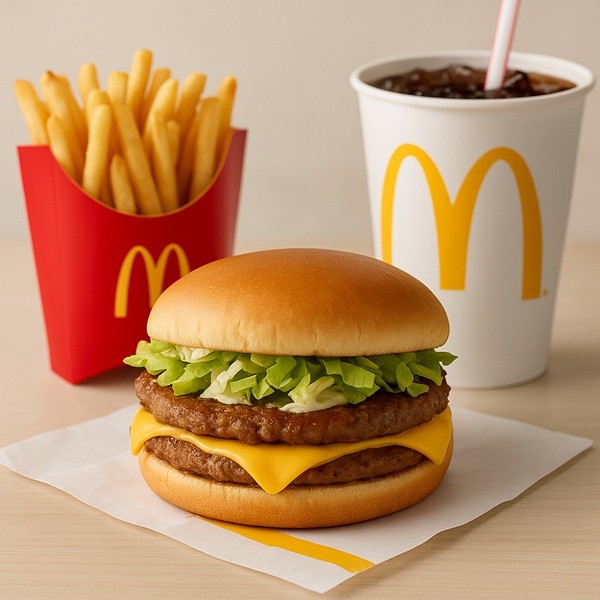 Menu McFirst au bœuf avec steak, fromage, salade, frites croustillantes et boisson McDonald’s sur fond neutre.