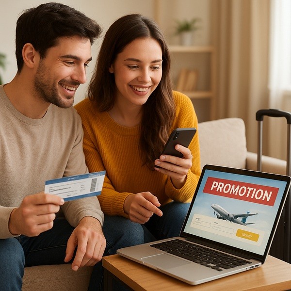 Couple préparant un voyage à domicile en profitant d’une promotion sur un comparateur de voyages avec billets d’avion et ordinateur.