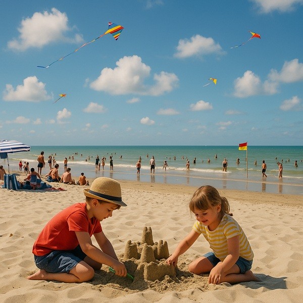 Famille à Quend-Plage-les-Pins dans la Somme : enfants construisant un château de sable, kites colorés dans le ciel et baigneurs profitant de la plage surveillée en été.