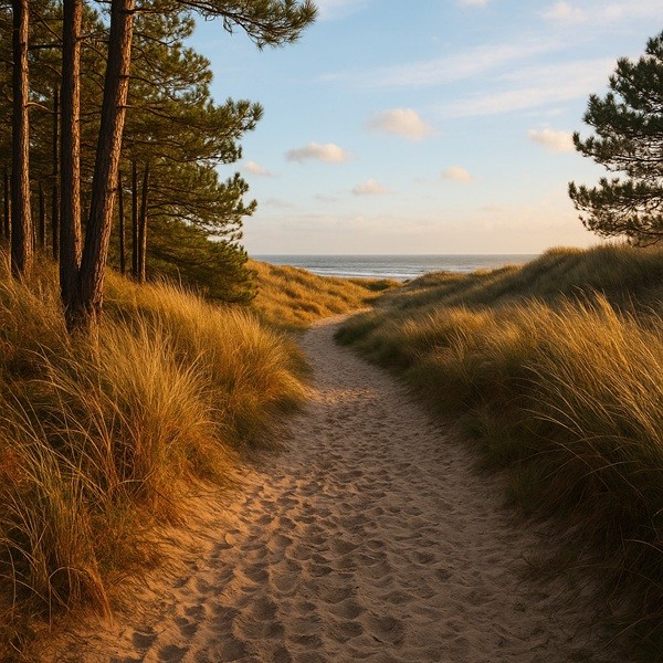 Sentier sablonneux bordé de pins et de dunes à Quend-Plage-les-Pins, Somme – balade nature entre pinède, oyats et mer dans la Baie de Somme.