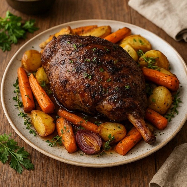Recette d’épaule de chevreuil au four servie avec carottes, pommes de terre rôties et herbes fraîches sur une table rustique.