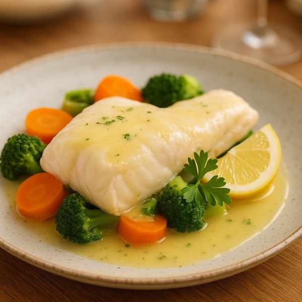 Filet de roussette au court-bouillon servi sur légumes vapeur avec sauce au beurre citronné dans une assiette raffinée.