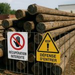 Poteaux en bois EDF usagés entreposés dans une déchetterie avec panneaux indiquant récupération interdite et défense d’entrer.