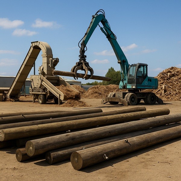 Recyclage de poteaux électriques en bois démontés dans une installation industrielle avec machines de traitement et grue hydraulique.