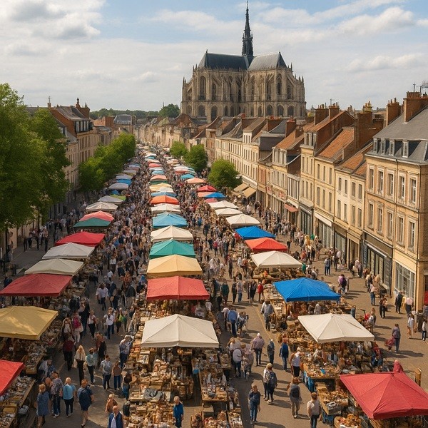 Réderie d’Amiens 2025 dans la Somme : vue aérienne des rues animées avec stands colorés, brocanteurs, chineurs et la cathédrale en arrière-plan.