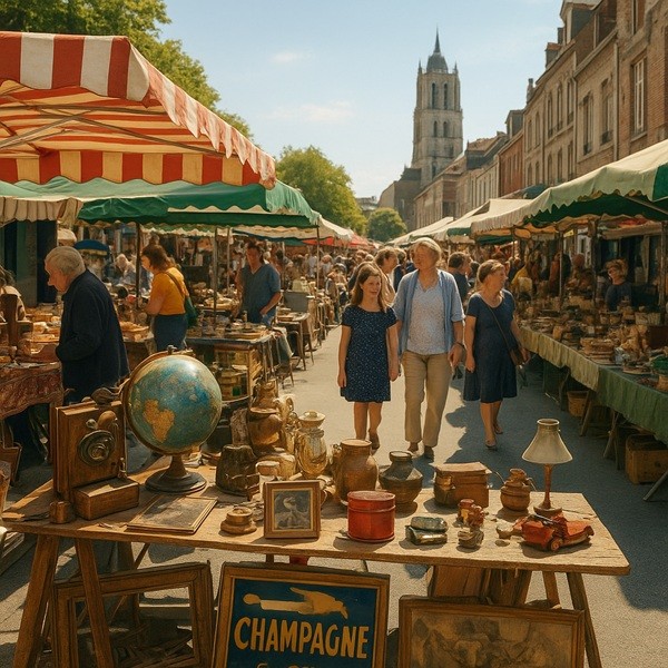 Réderie dans la Somme à Amiens, grande brocante de printemps avec stands colorés, objets anciens et chineurs en balade